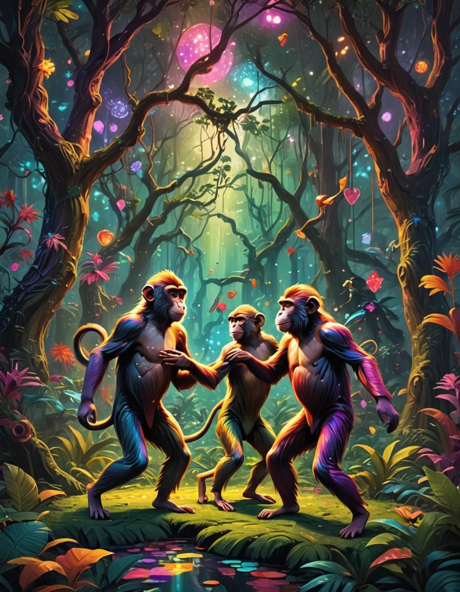 Monkeys Dancing in a Disco Forest: Fantasy Art