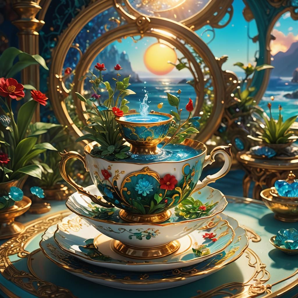 Technological Garden Sunrise in Teacup: Concept Art