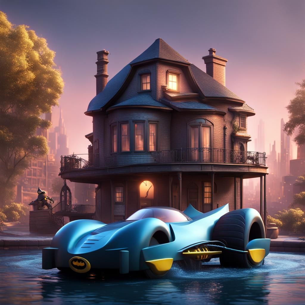 Batman's Water Car House: Pixar-Style 3D Art