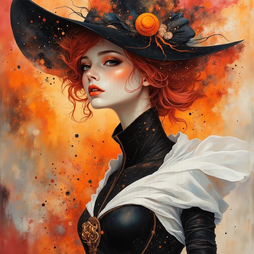 Elegant Futuristic Lady with Fiery Hair in Anime Style