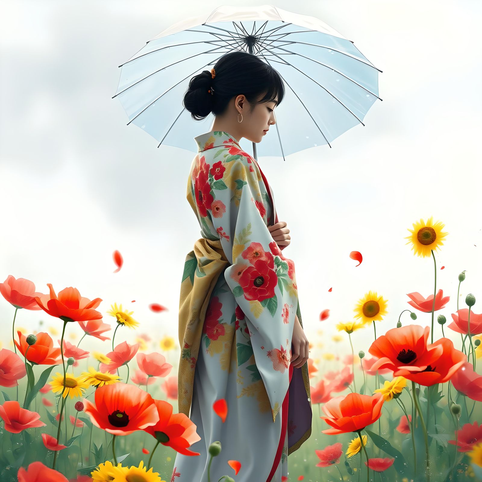 Japanese Woman with Umbrella in Floral Field