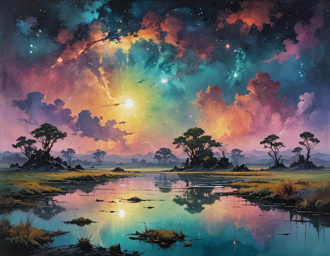 Enchanted Lagoon Under Nebula Sky, Oil Painting