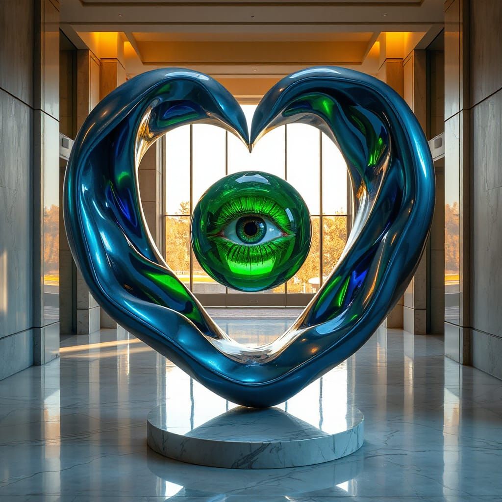 Gravity-Defying Heart Sculpture in Iridescent Metallic Color...