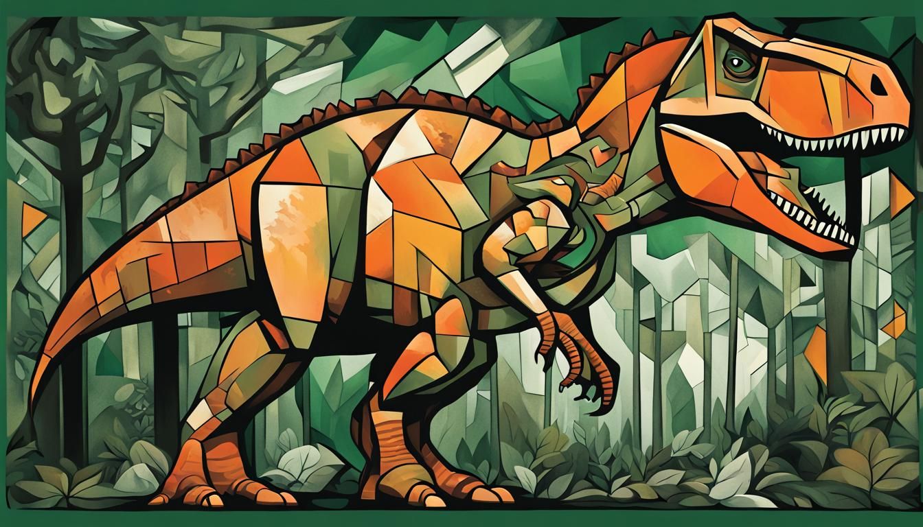 Typographic Cubist T-Rex Roaring in Emerald Forest
