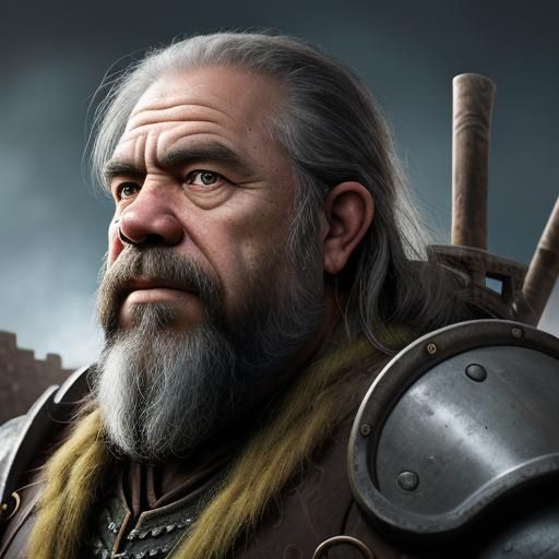 Shield dwarf with mining equipment in ancient ruins