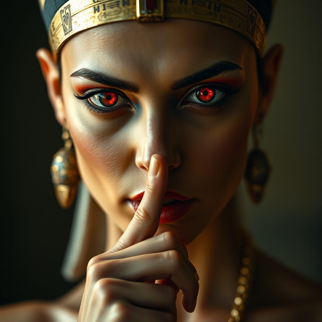 Egyptian Goddess with Golden Skin and Piercing Red Eyes