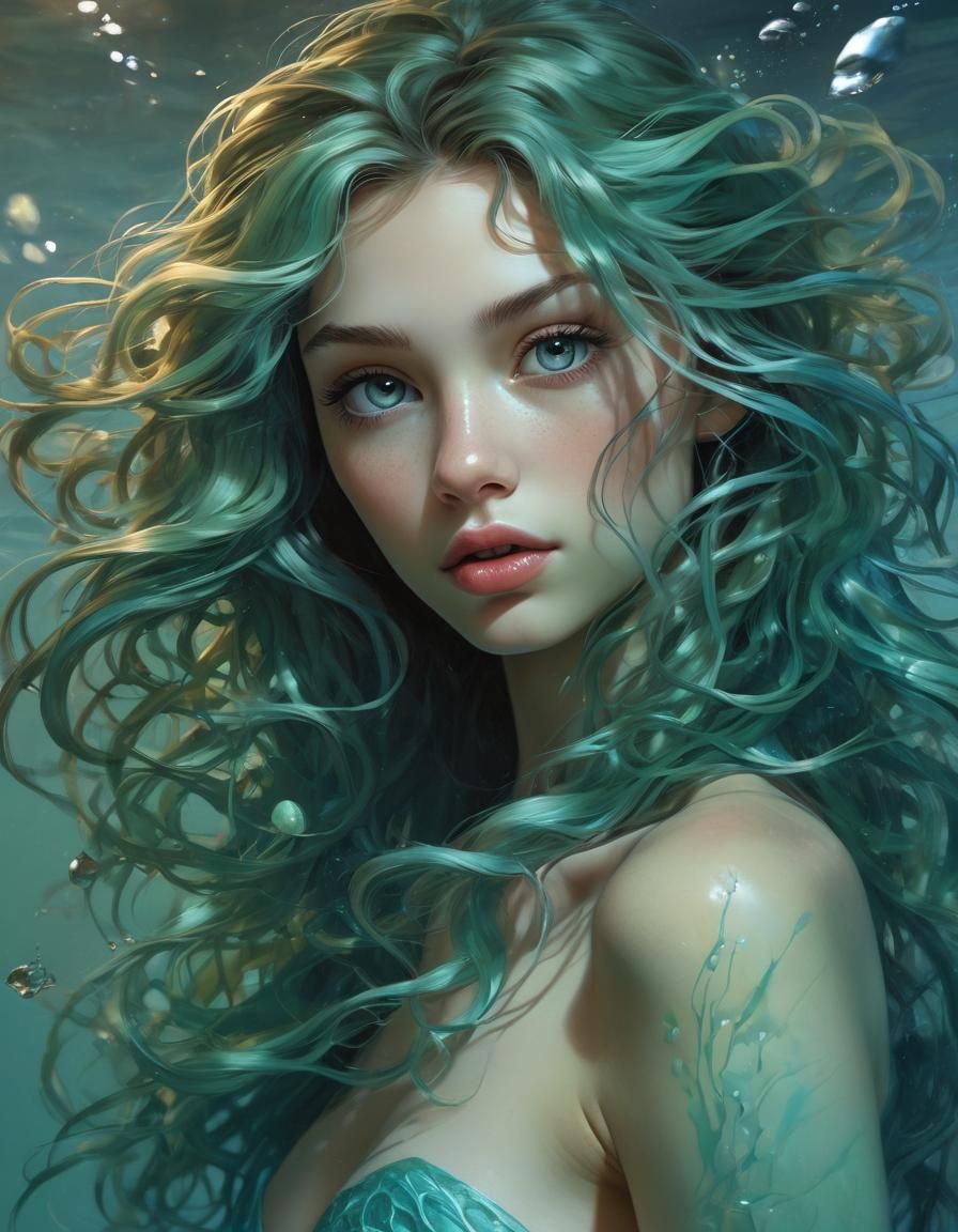 Opalescent Aquatic Elf Portrait in Hyperreal Airbrush Style