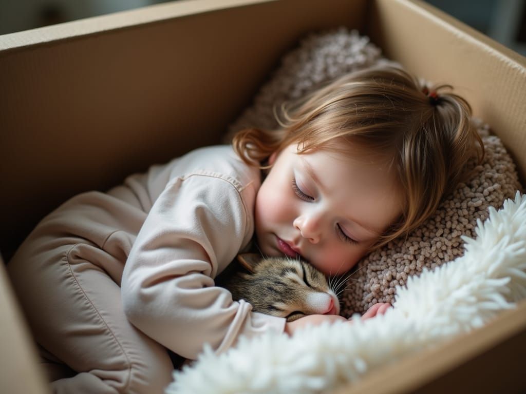 Toddler and Cat Nap in a Box