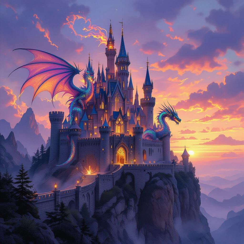 Gothic Castle Guarded by Dragons at Sunset