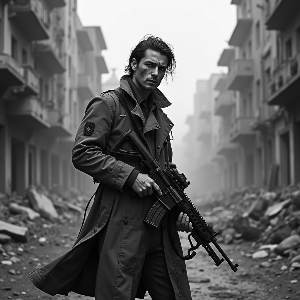 Cyberpunk Mercenary in War-Torn City Ruins