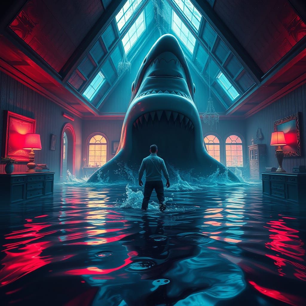 Man Battles Giant Shark Inside Surreal Water House