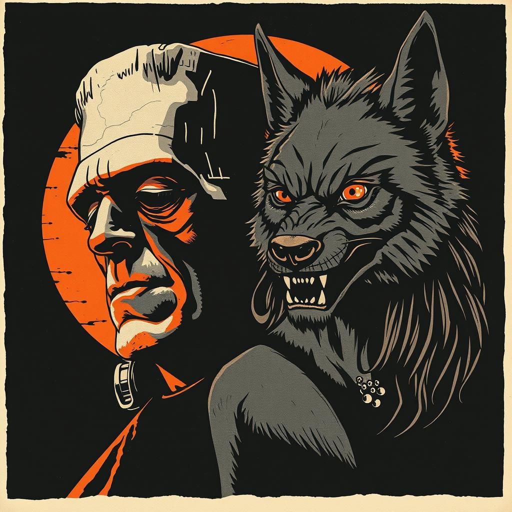 Surreal Collage: Frankenstein's Monster and Werewolf in Vint...