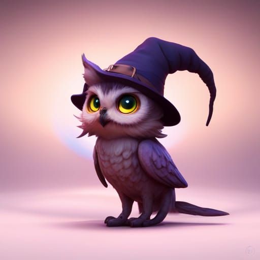 Adorable Owl With Kitten in Witch Hat, Digital Art