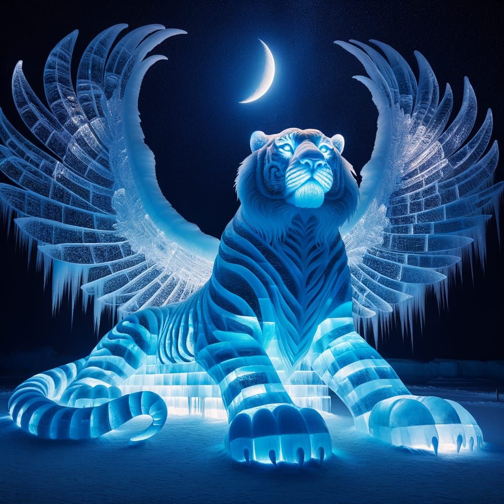 Gigantic Blue Ice Tiger with Wings Under Crescent Moon