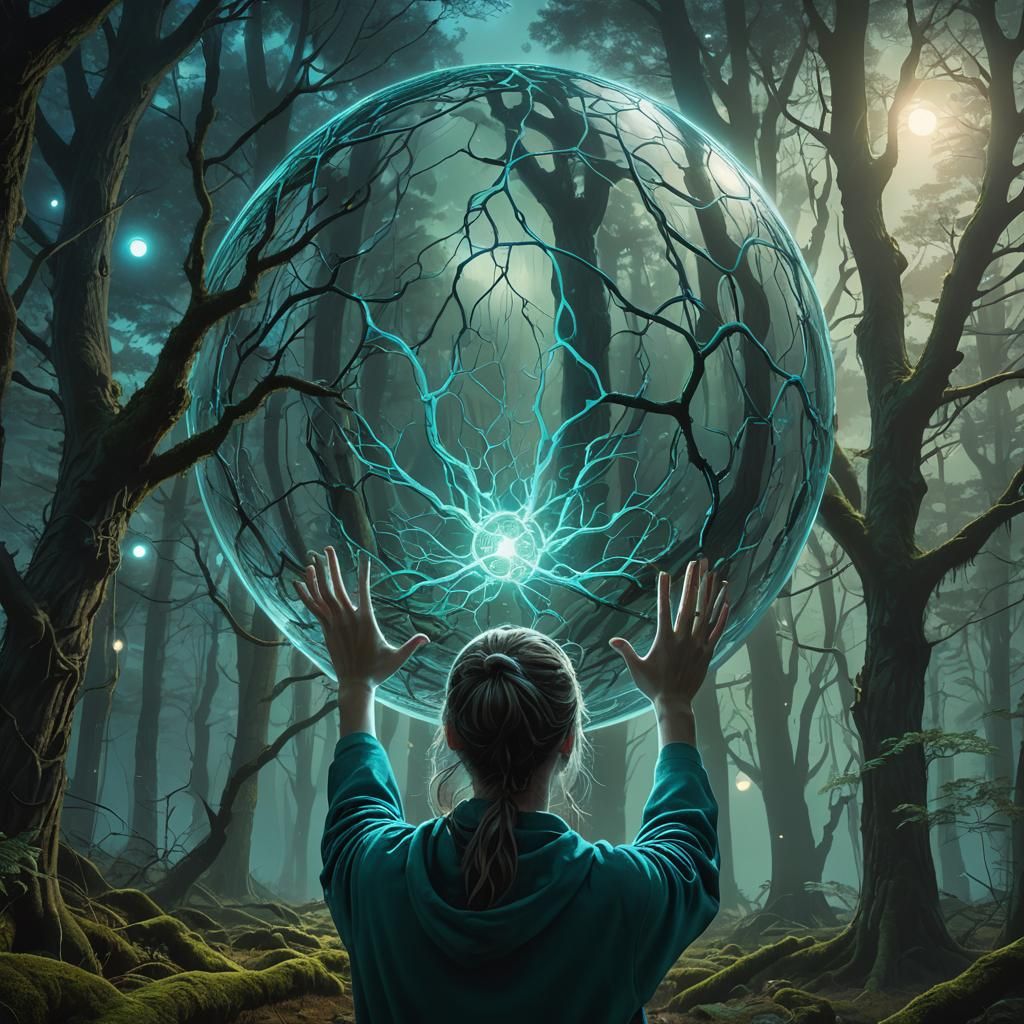 Bioluminescent Woman Touching Orb in Whimsical Forest