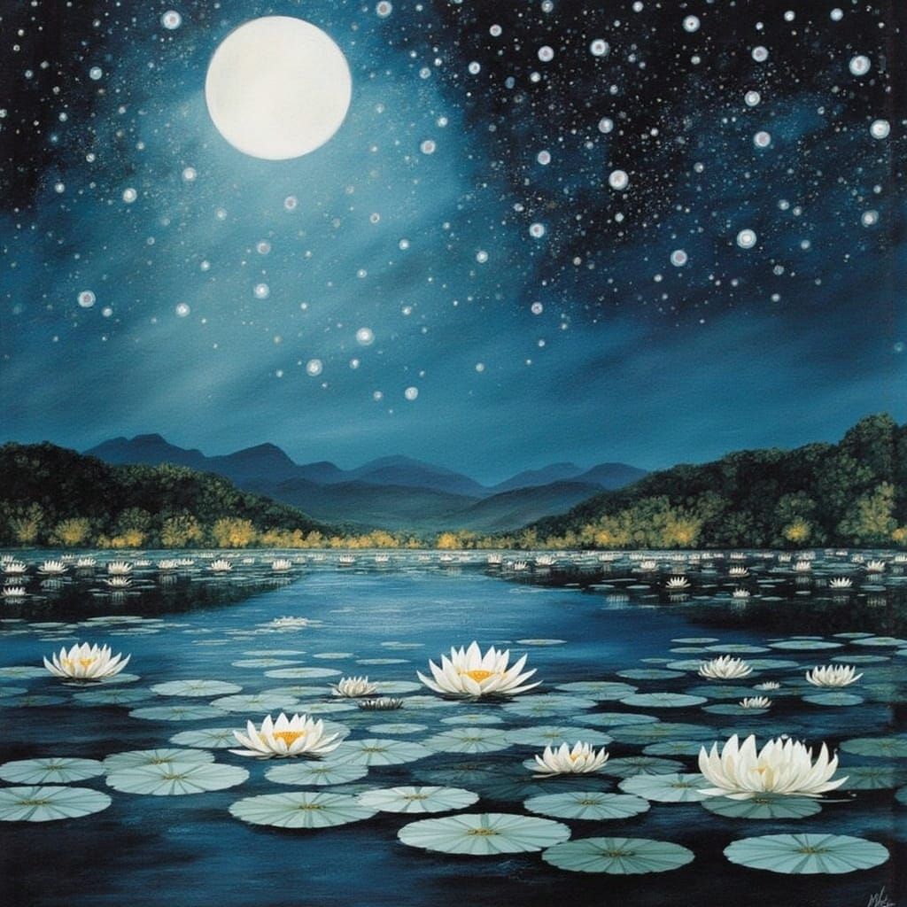 White Water Lilies and Fireflies Under Moonlit Sky