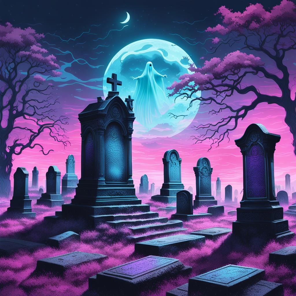 Ethereal Ghost in Synthwave Graveyard Landscape