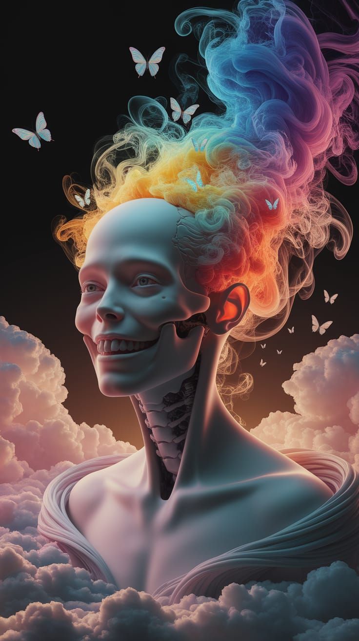 Joyful Humanoid with Rainbow Smoke, in Digital Art Style