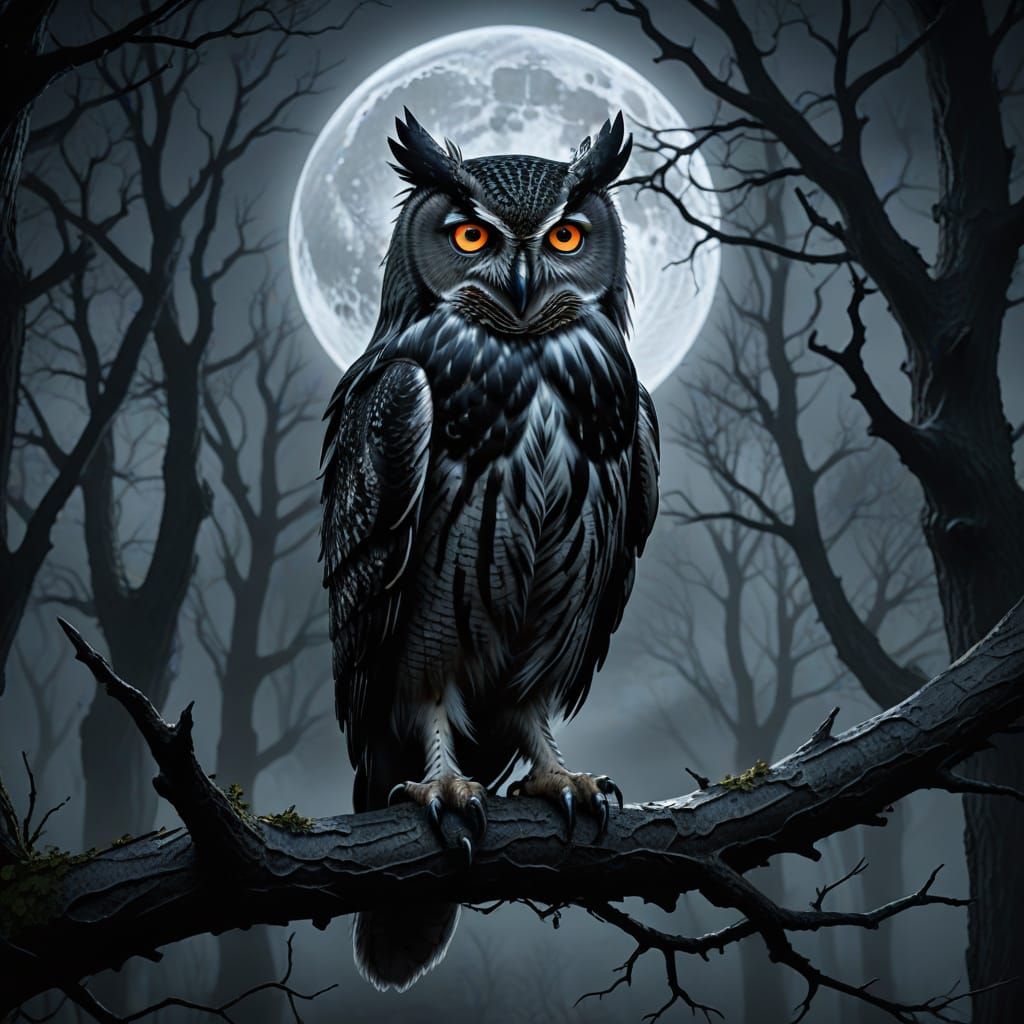 Gothic Owl Vampire in Moonlit Haunted Forest