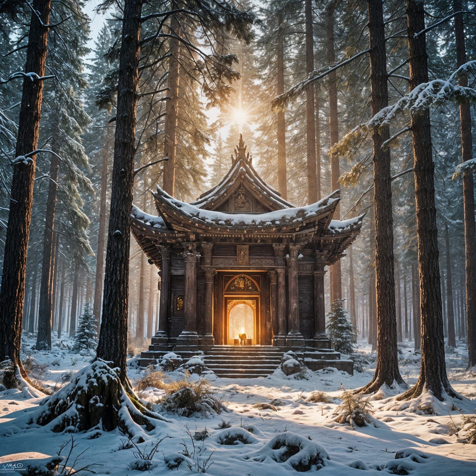 Forgotten Shrine in Winter Pine Forest: Epic Fantasy Art