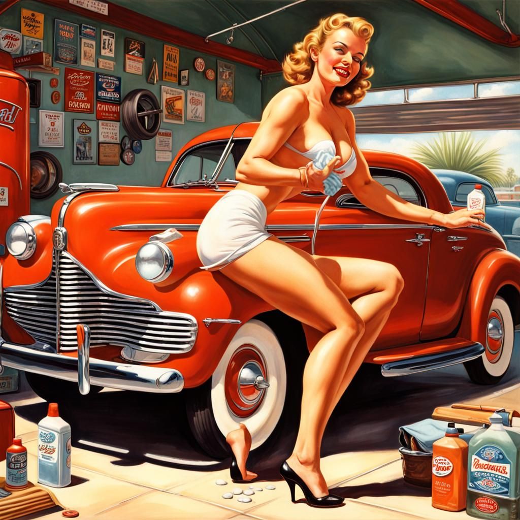 1940s Pin-Up Girl Washing Car in Garage