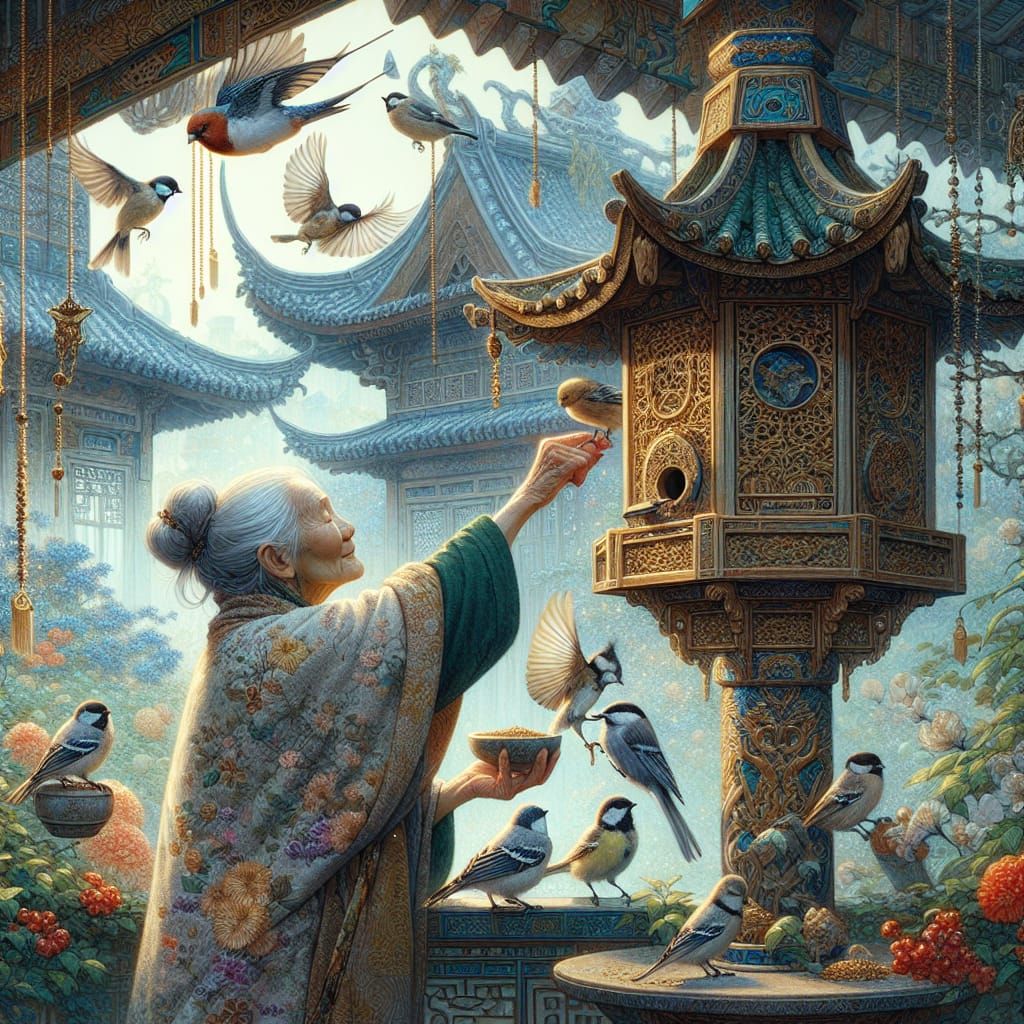 Elderly Woman Feeds Birds in Maximalist Garden