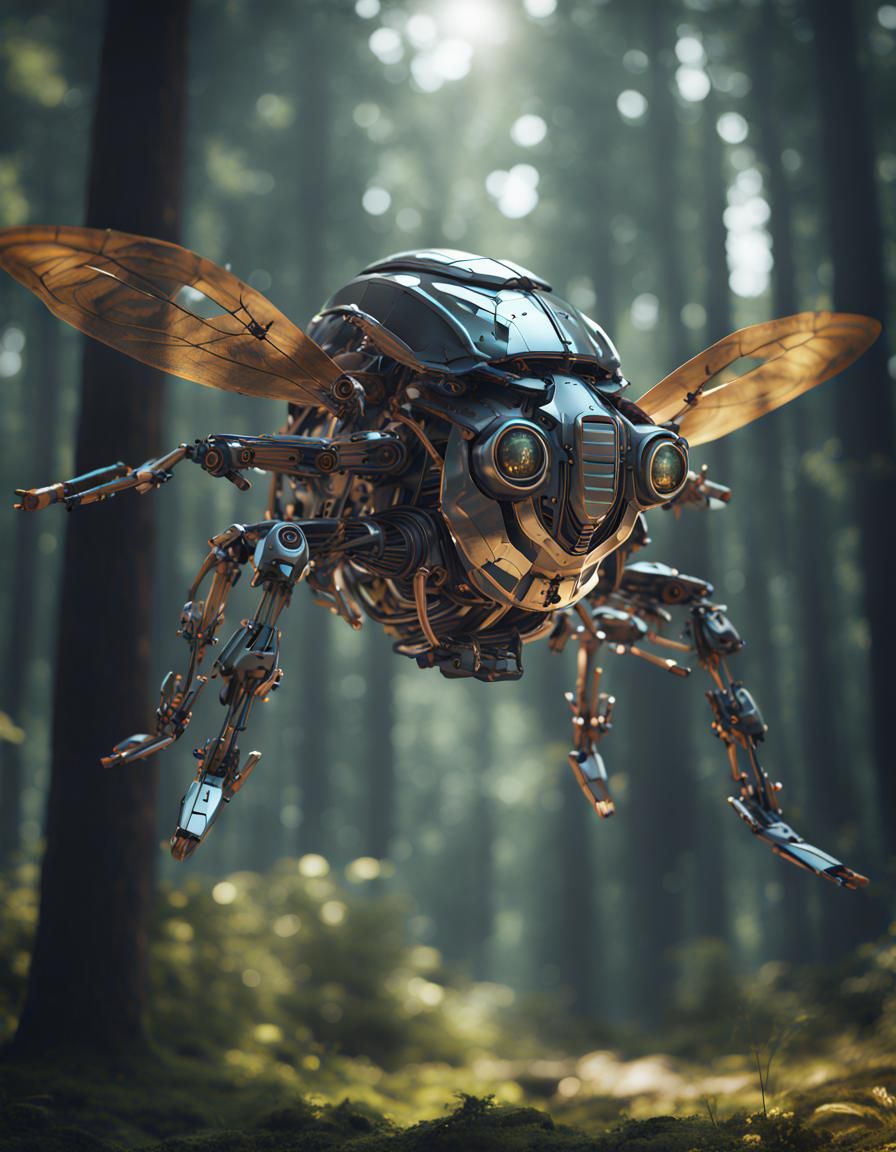 Mechanical Beetle Flies in Futuristic Forest