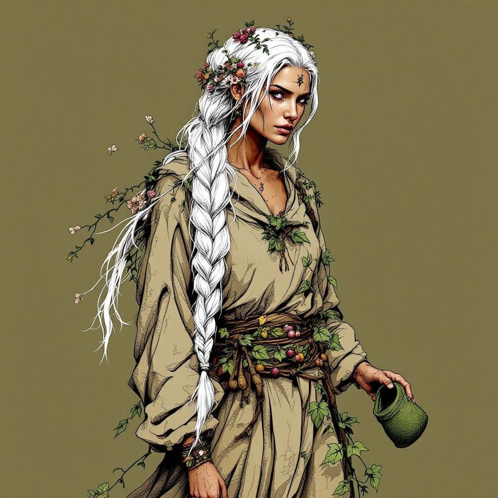 Earthmother with Flowers, in Ink Drawing Style