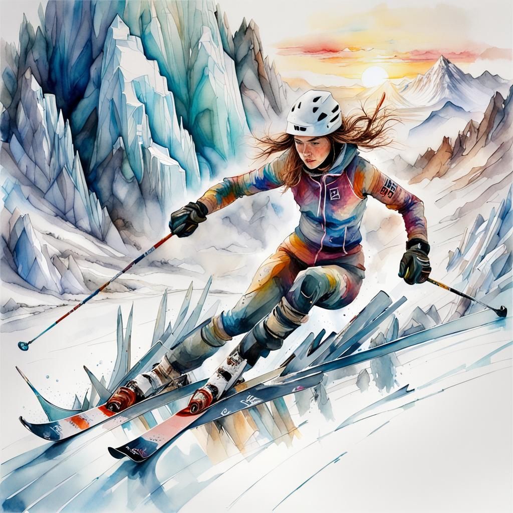 Ski Slalom on Frozen Lake: Digital Watercolor Art