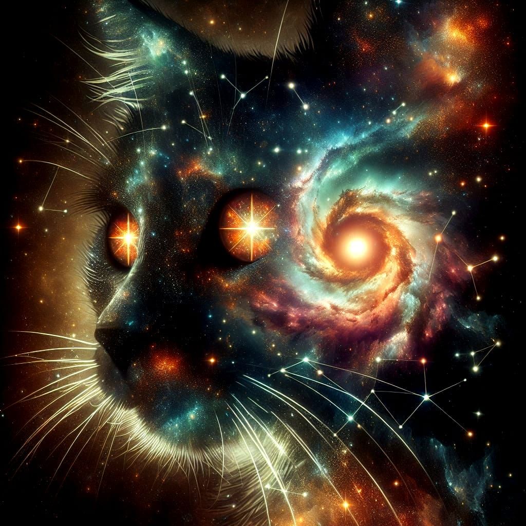 Cosmic Cat Silhouette with Galaxy Eyes