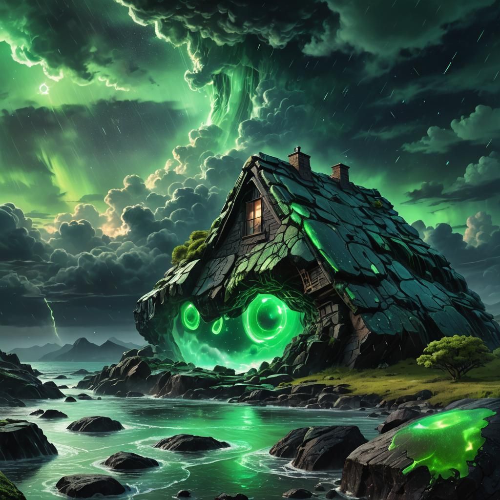 Glowing Tear on Black Rock Under Stormy Skies