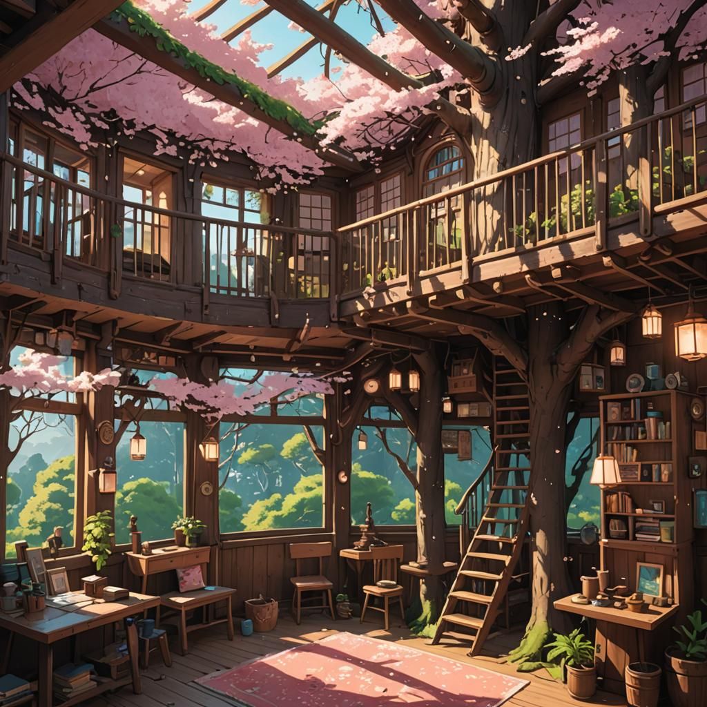 Naturepunk Sakura Treehouse: Ghibli-esque Interior