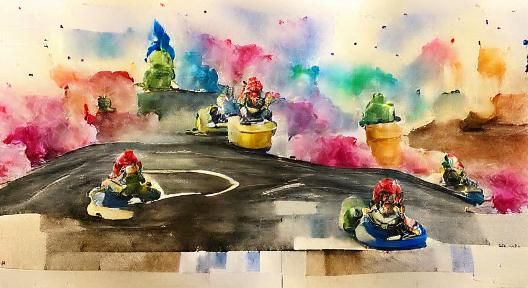 Mario Kart Race in Watercolor Style