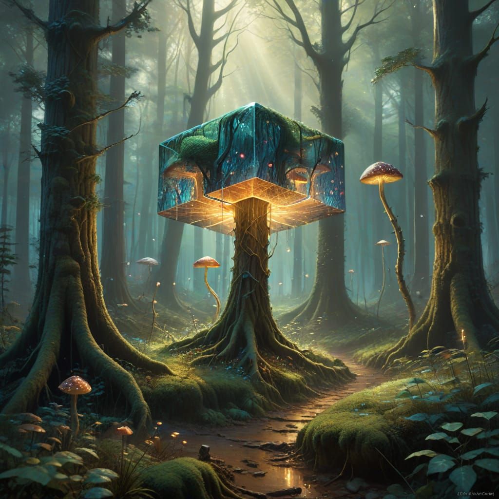 A Cube-Shaped Creature in a Dreamy, Iridescent Forest