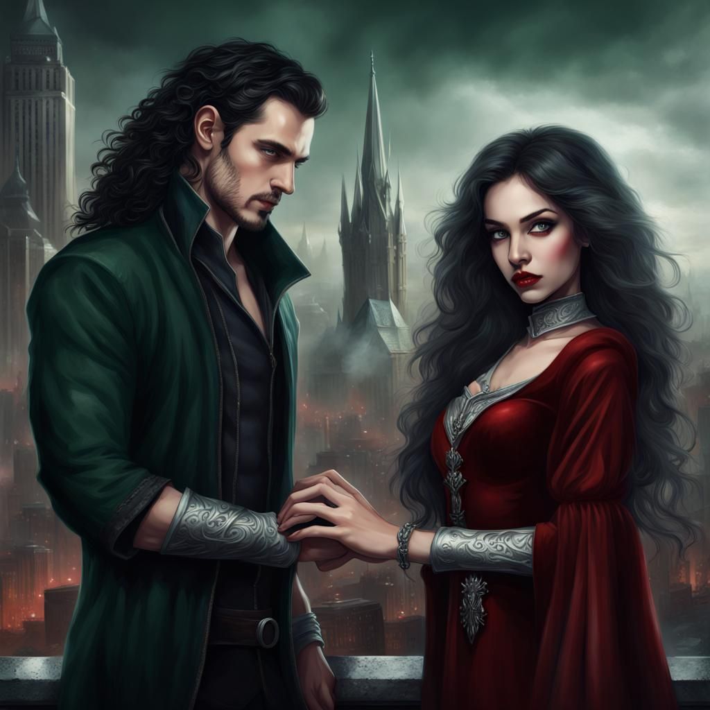 book cover for a fantasy novel with two characters on it. A girl with black curly hair, in a modest dark green plated dr...