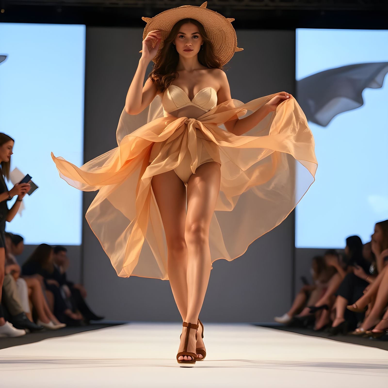 Glamorous Fashion Model Struts Down Runway in Low Angle Shot