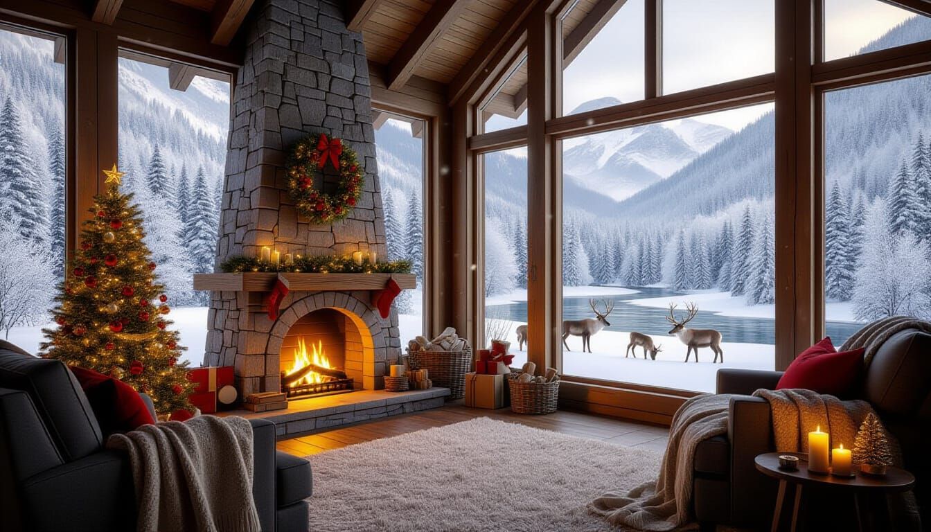 Cozy Christmas Cabin Interior with Winter Wonderland View