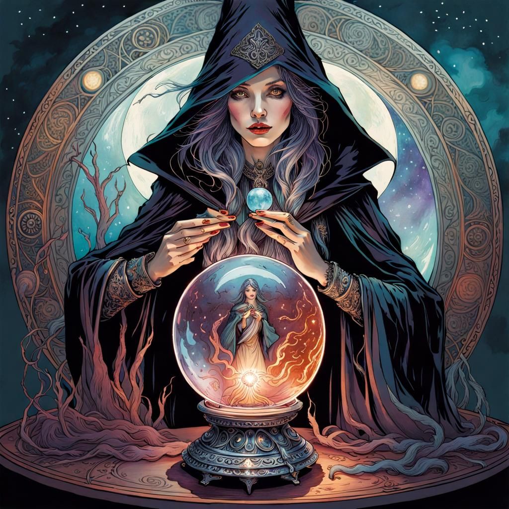 Tarot Witch Scrying with Raven Familiar