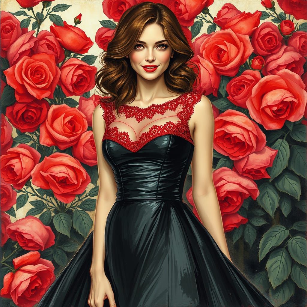 Sultry Woman Amidst Vibrant Red Roses in Expressive Gouache ...