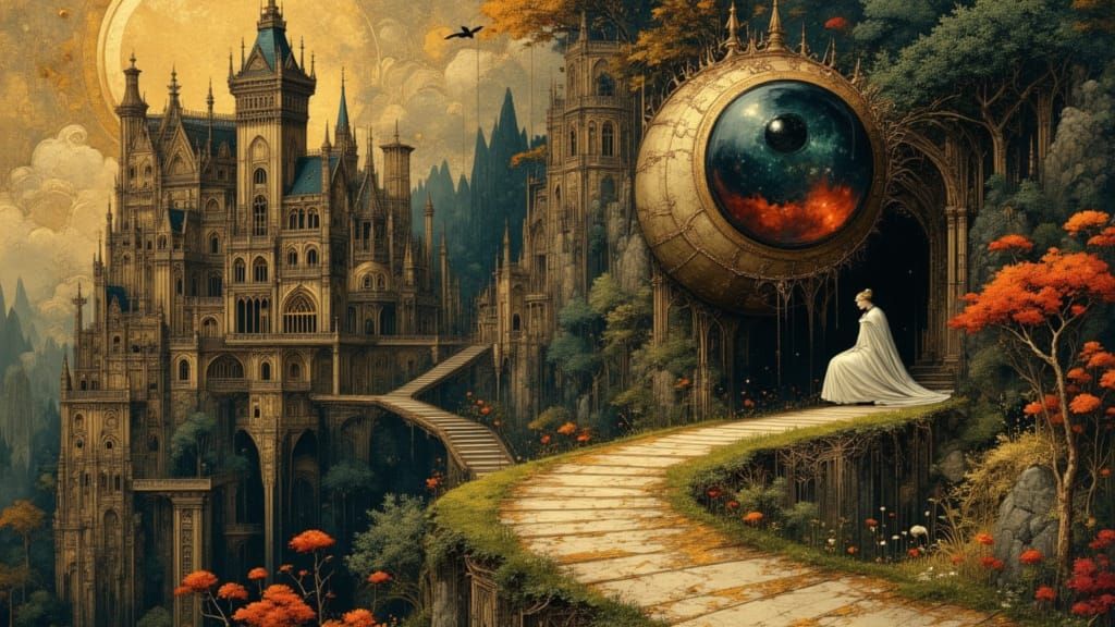 Baroque Castle Scene with Eyeball Creature