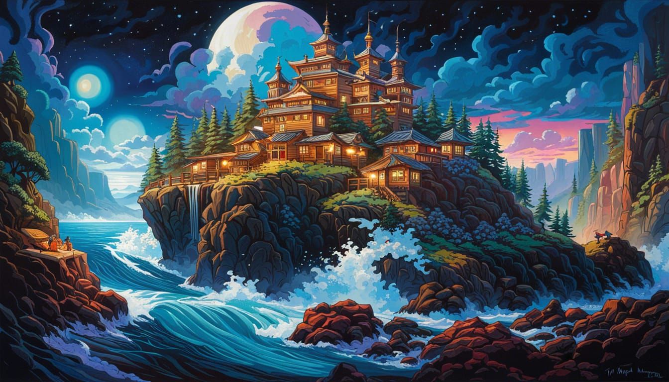 Coastal Village at Sunset in Gouache Style