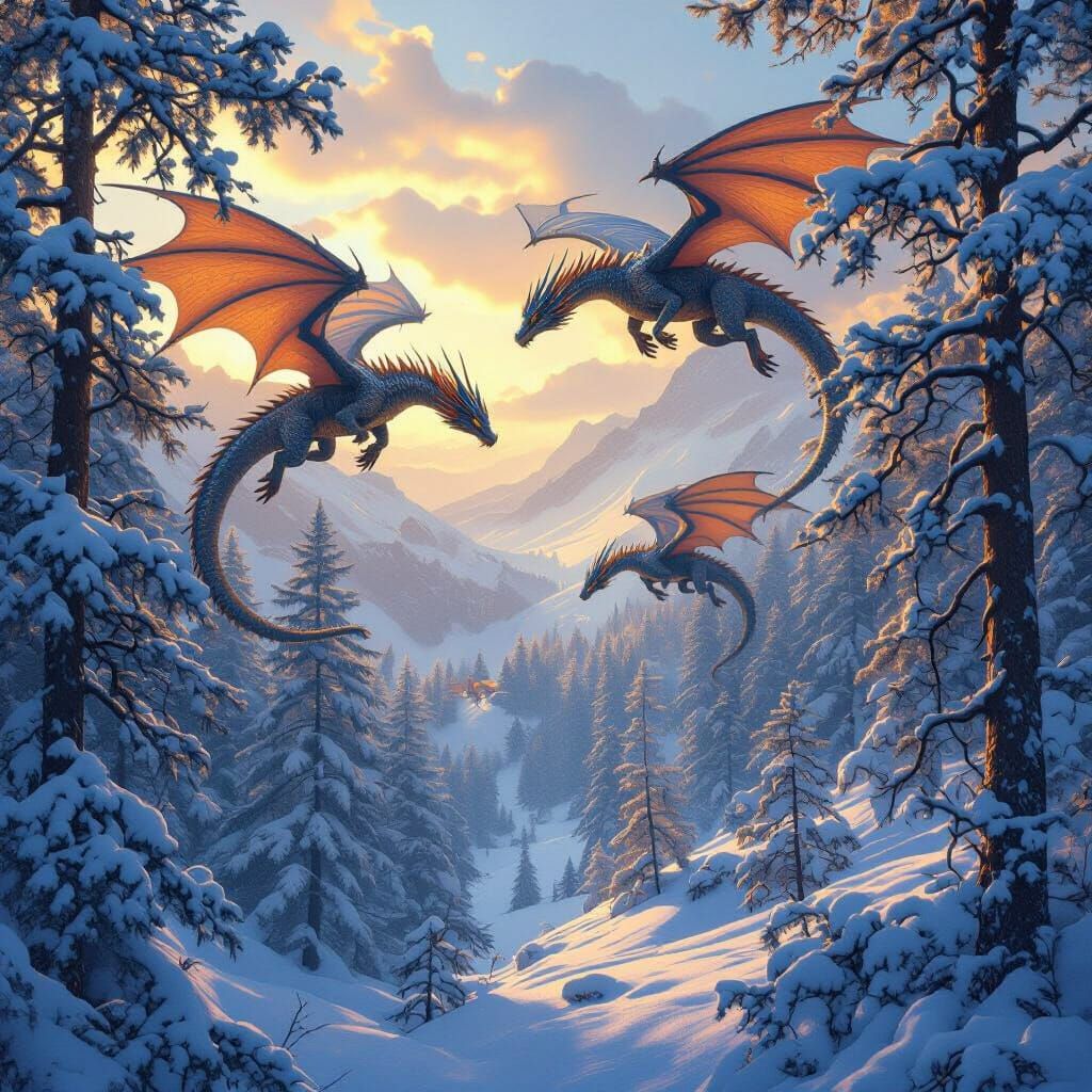 Dragons Soaring Over Snowy Pine Forest