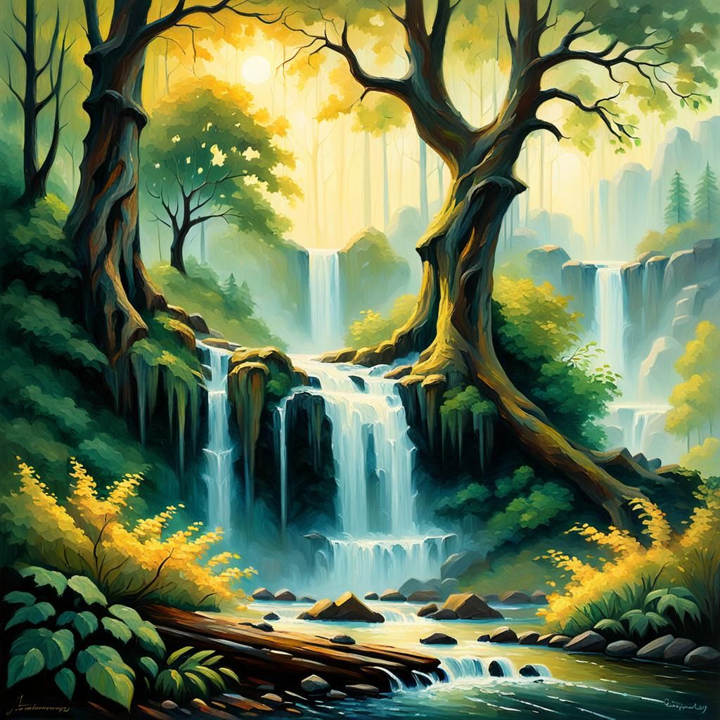 Romantic Trees Embrace Under Golden Hour Waterfall