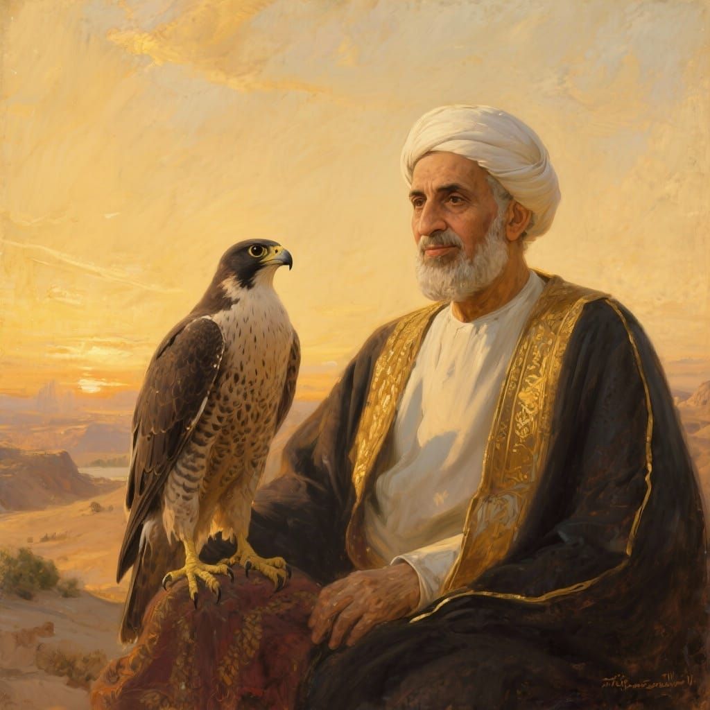 Sheikh Zayed and Falcon Portrait in Classical Oil Style