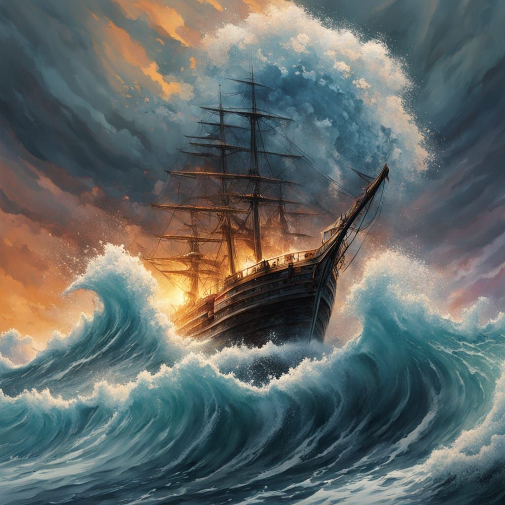 Ship Battling Colossal Waves in Tempestuous Sea
