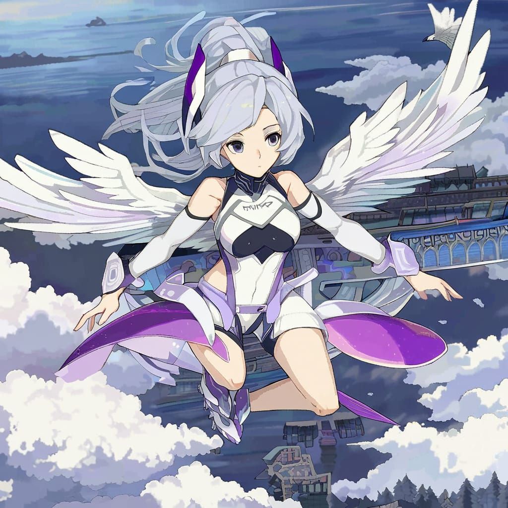 Sleek Anime Silver Hawk Goddess Soars Through Clouds