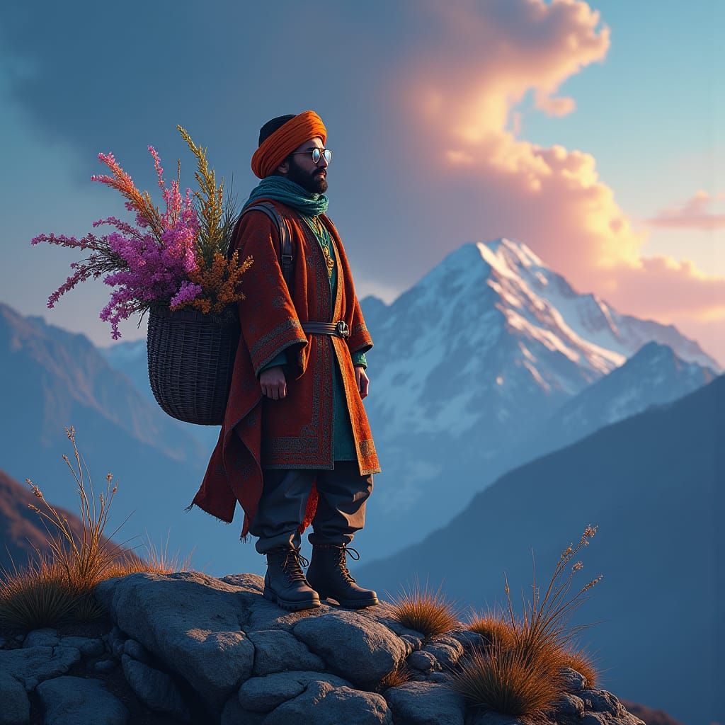 Generate one baltistani man amount a mountain with basket