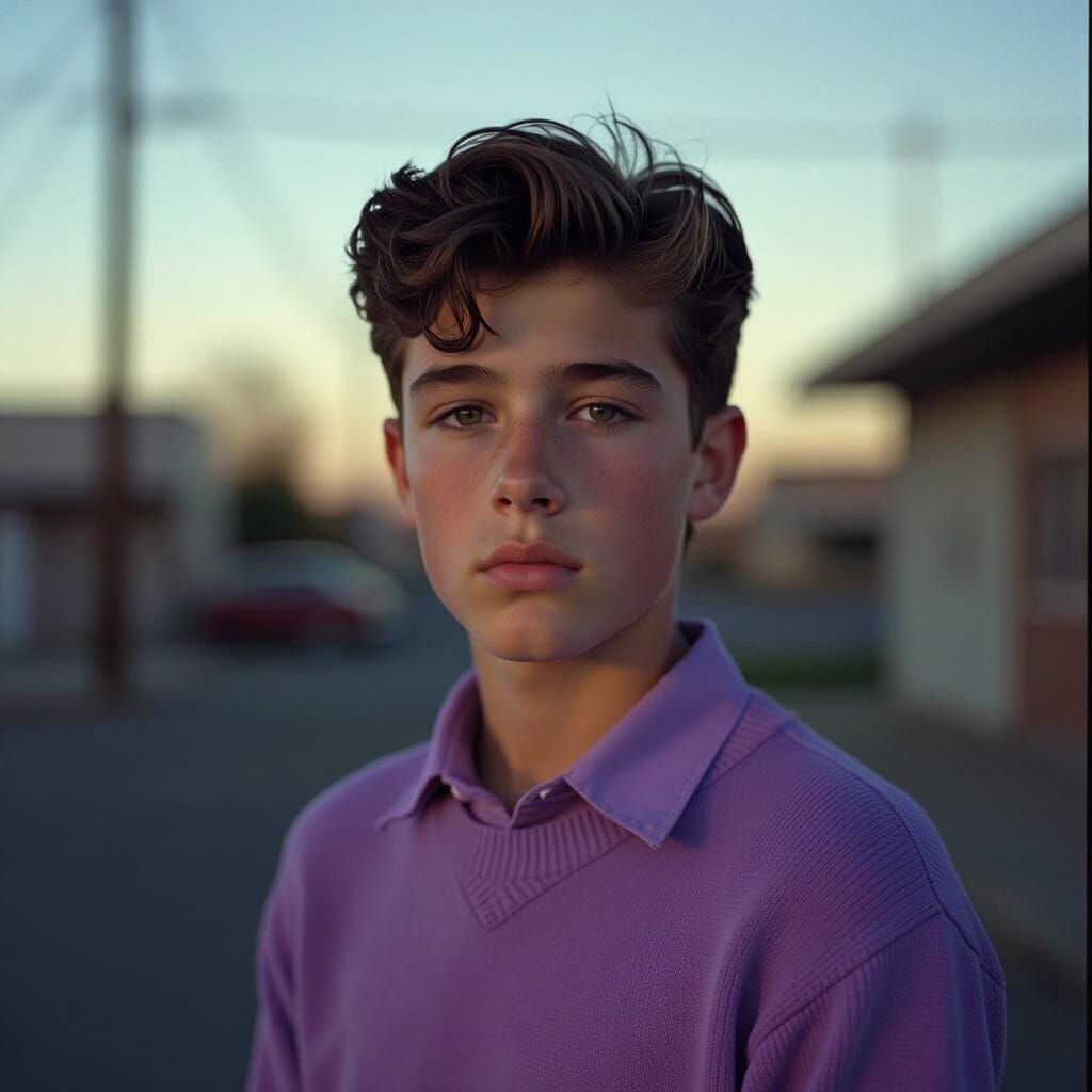 Boy Greaser in Purple Shirt: Cinematic Film Still