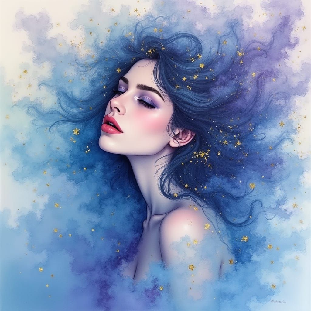 Dreamy Blue Goddess in Ethereal Clouds