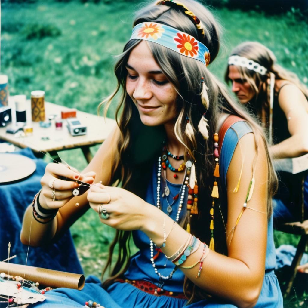 Young Hippie Woman Sewing: Aged Kodak Photograph